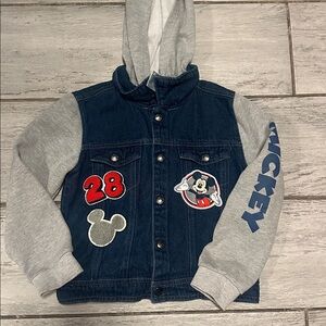 Disney Mickey Mouse Blue Denim Jacket with Gray Hood and Soft Grey Sleeves 7/8